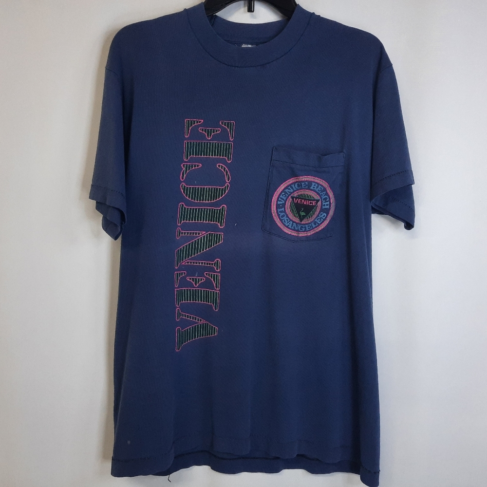 Mens Large Vintage 90s Venice Beach Los Angeles T-shirt Single Stich Indigo Blue